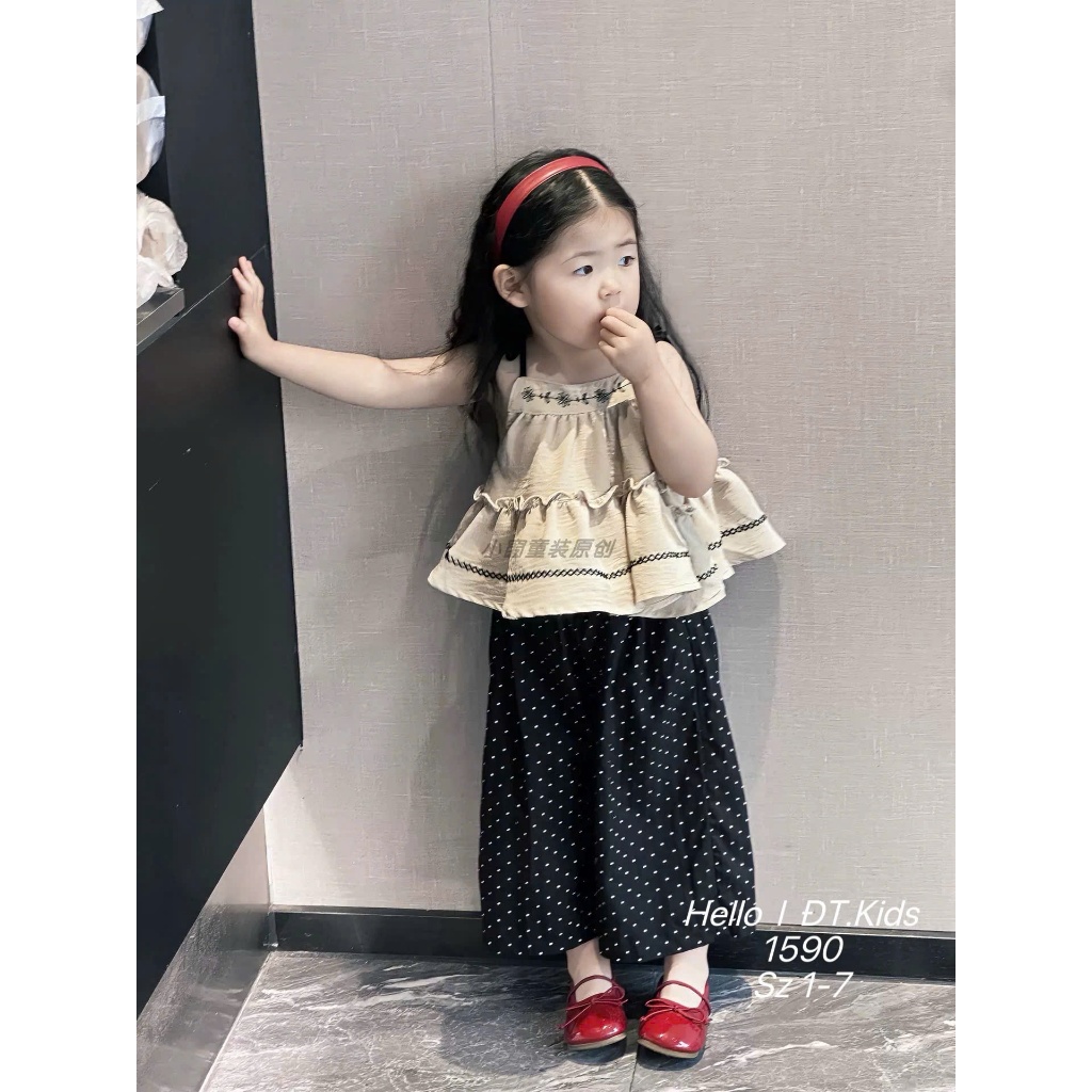 Sét Áo Babydoll Cho Bé Gái 2 Dây Buộc Vai Bộ Đũi Thêu Hoa Bèo Nổi Phối Kèm Quần Suông Chấm Bi Xuông BR25