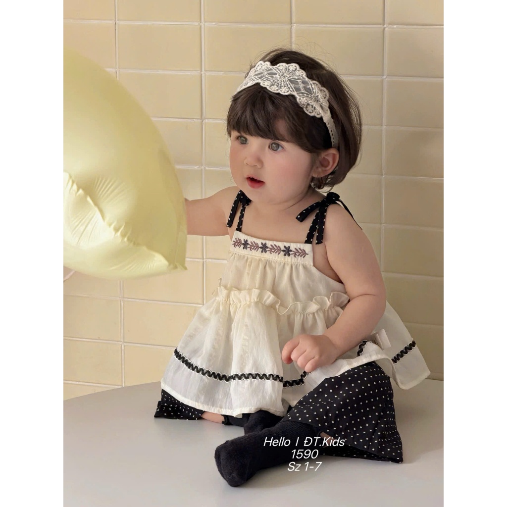 Sét Áo Babydoll Cho Bé Gái 2 Dây Buộc Vai Bộ Đũi Thêu Hoa Bèo Nổi Phối Kèm Quần Suông Chấm Bi Xuông BR25