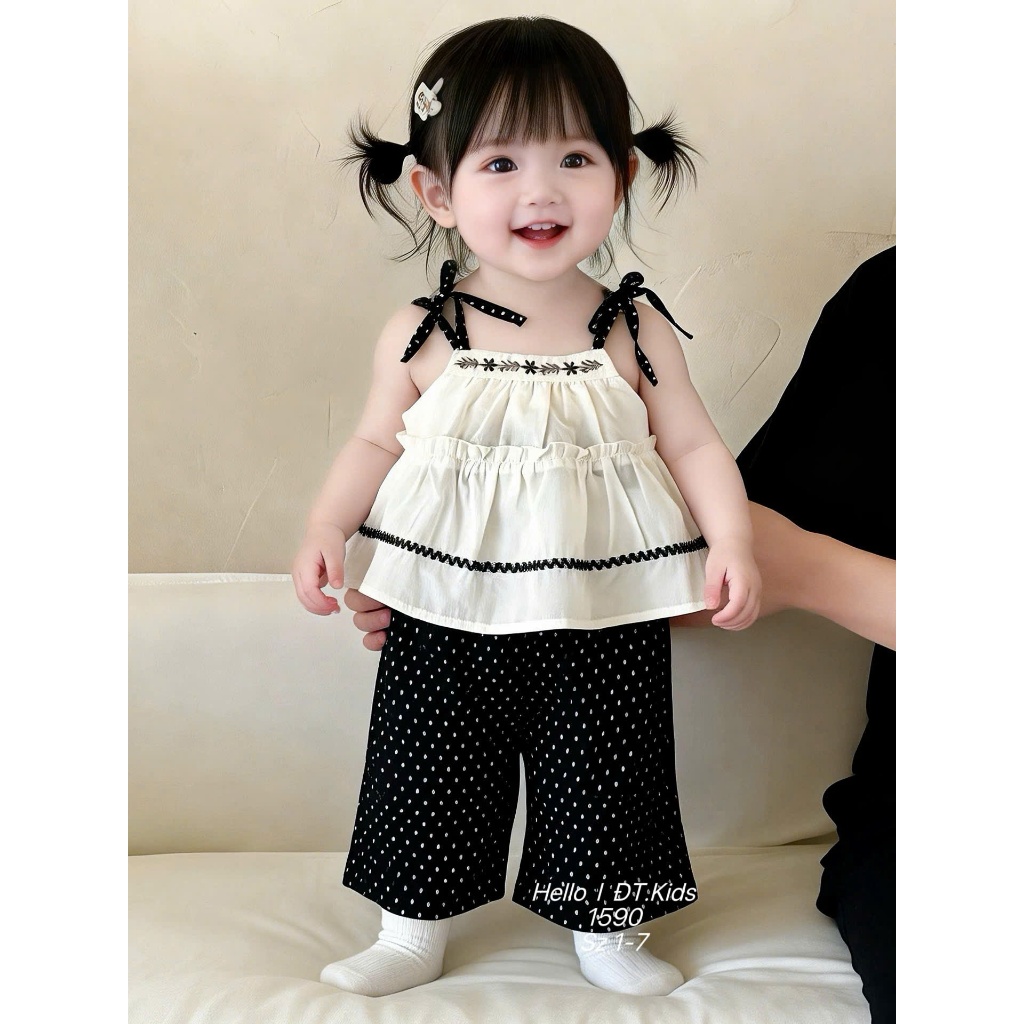 Sét Áo Babydoll Cho Bé Gái 2 Dây Buộc Vai Bộ Đũi Thêu Hoa Bèo Nổi Phối Kèm Quần Suông Chấm Bi Xuông BR25