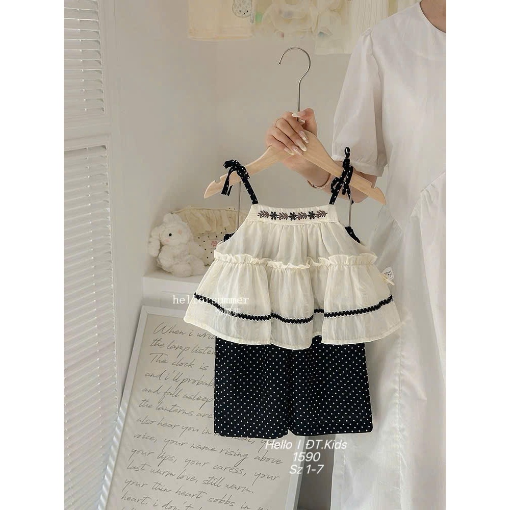 Sét Áo Babydoll Cho Bé Gái 2 Dây Buộc Vai Bộ Đũi Thêu Hoa Bèo Nổi Phối Kèm Quần Suông Chấm Bi Xuông BR25