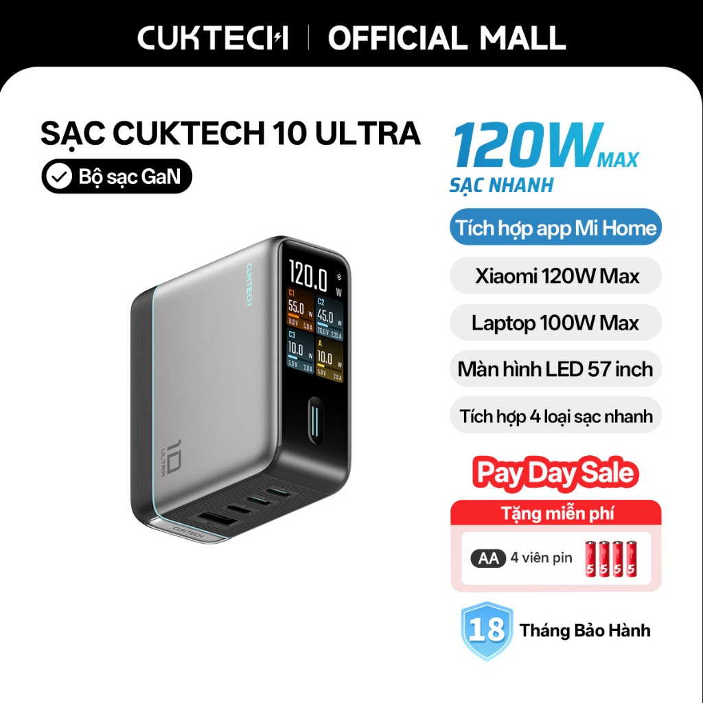 Củ Sạc Nhanh CUKTECH GaN 120W 4 Cổng Điều Khiển App Mi Home Cho Laptop/MacBook/iP 17/16/15 Pro Max/Xiaomi 17/Samsung S26