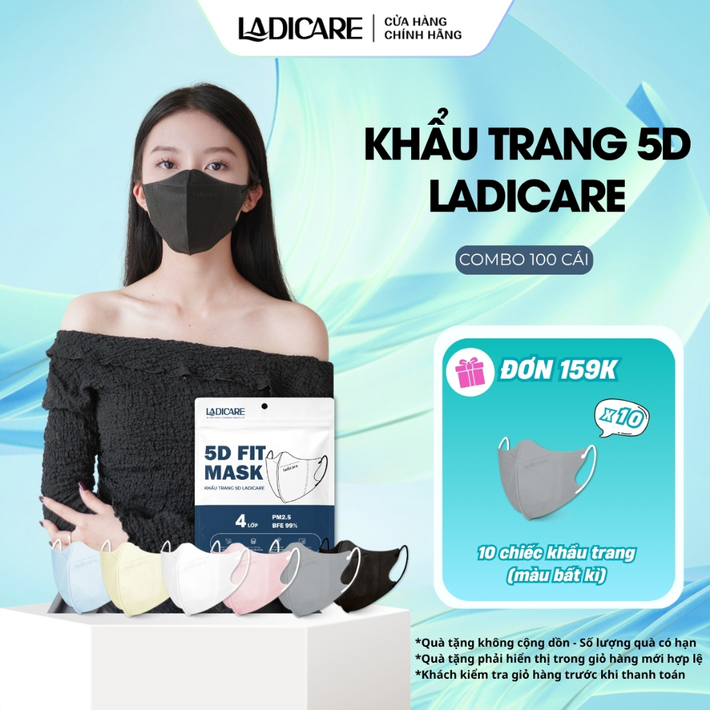 [Thùng 100Cái] Khẩu trang 5D Mask Ladicare cao cấp, lọc bụi PM2.5, kháng khuẩn, form vừa vặn, êm ái