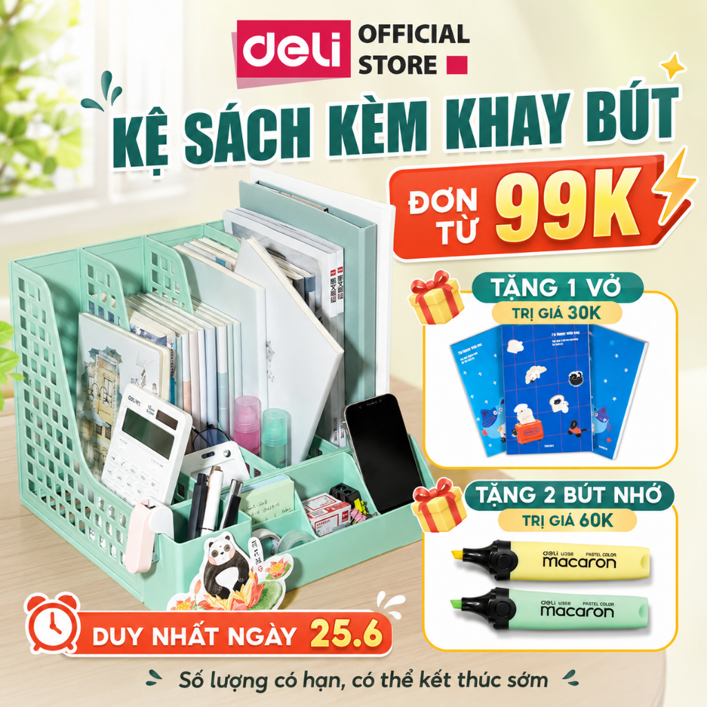 Giá Kệ Đựng Tài Liệu Văn Phòng Deli - Khay Đựng Tài Liệu 4 Ngăn Kèm Khay Đựng Bút Đựng Sách Vở Để Bàn Gọn Gàng