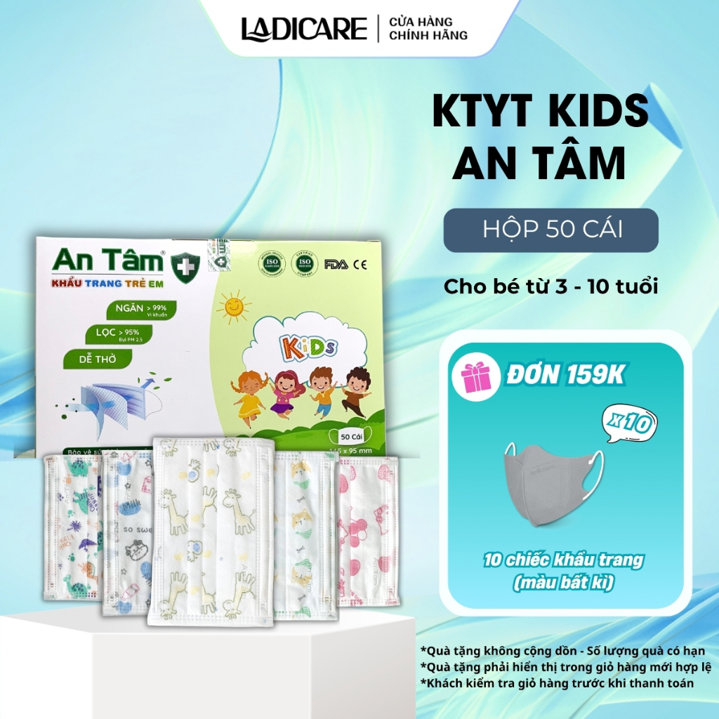Khẩu trang y tế trẻ em An Tâm [Hộp 50 Cái] kháng khuẩn cho bé 3 đến 10 tuổi nhiều hoạ tiết