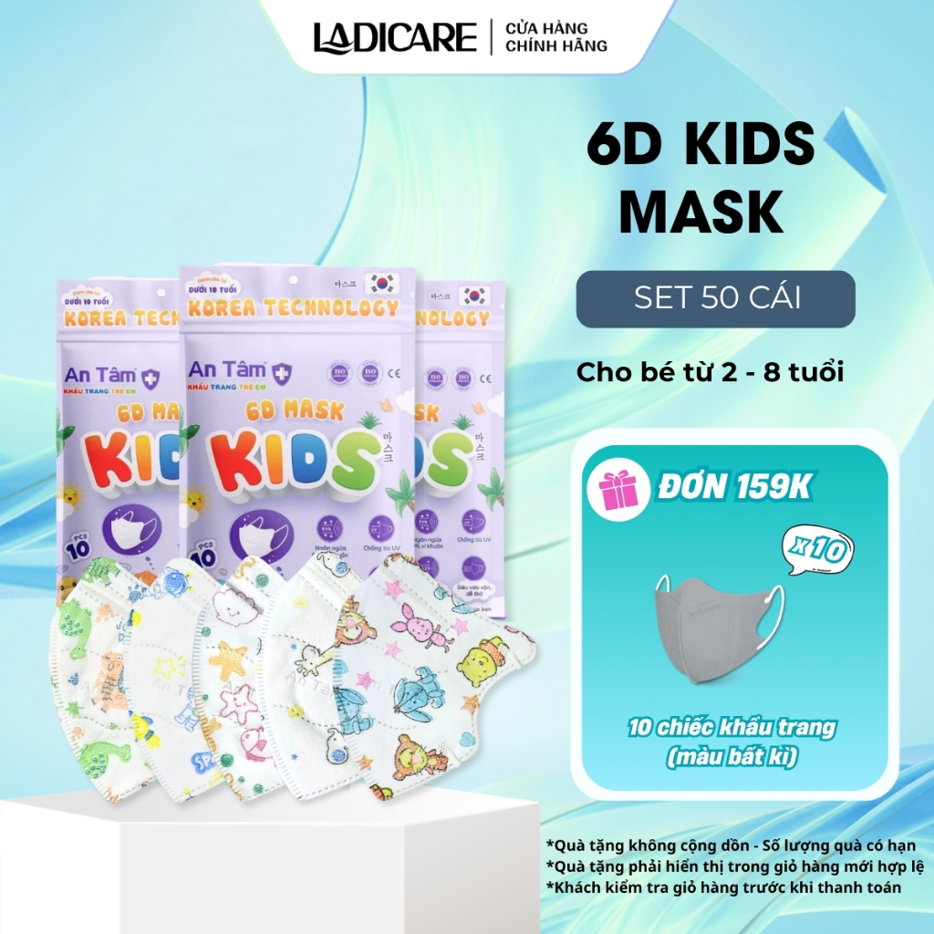 [SET 50Cái] Khẩu trang trẻ em 6D An Tâm Kids dành cho bé 2 đến 8 tuổi hàng chính hãng công ty
