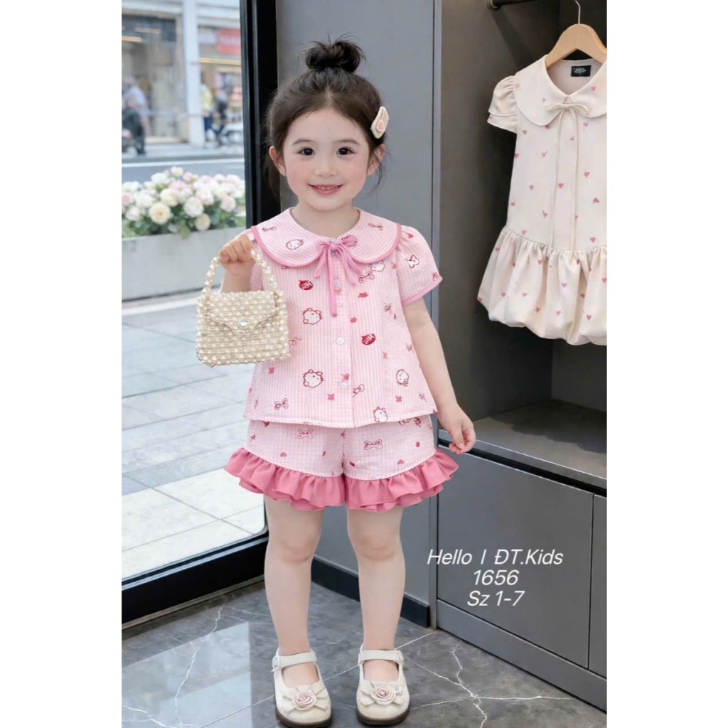 Bộ Pijama Bé Gái Mùa Hè Đồ Bộ Mặc Nhà Vải Đũi Hàn Cổ Sen Phối Nơ Dễ Thương - BR26