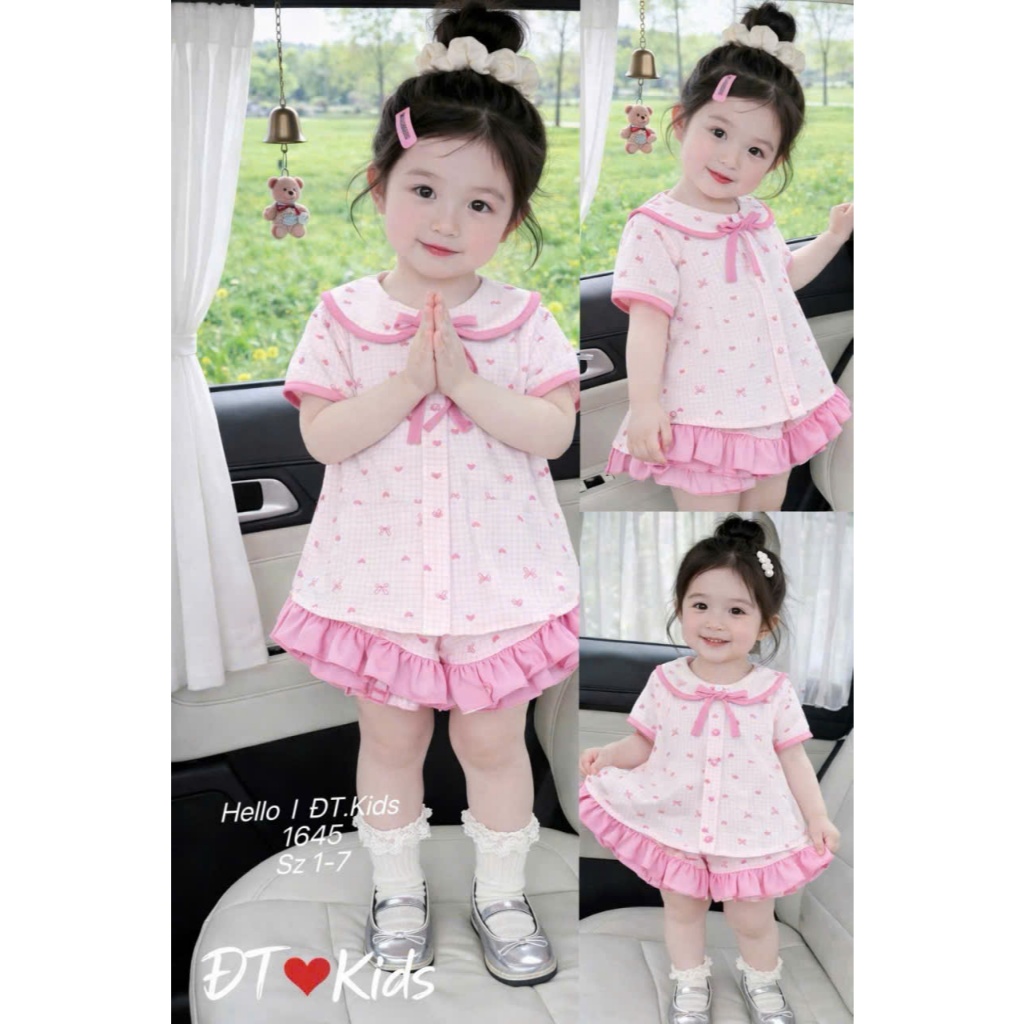 Bộ Pijama Bé Gái Mùa Hè Đồ Bộ Mặc Nhà Vải Đũi Hàn Cổ Sen Phối Nơ Dễ Thương - BR26