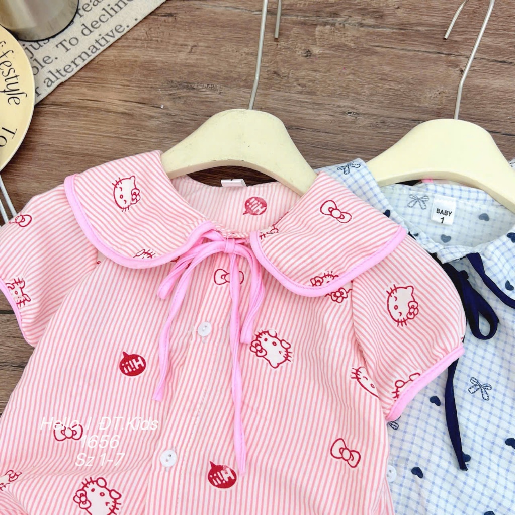 Bộ Pijama Bé Gái Mùa Hè Đồ Bộ Mặc Nhà Vải Đũi Hàn Cổ Sen Phối Nơ Dễ Thương - BR26