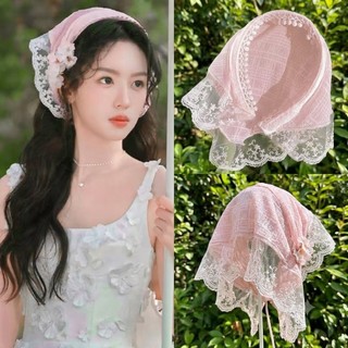 Khăn Turban Trùm Đầu Phối Ren Trắng Vintage - Khăn Bandana Nữ Đi Biển, Khăn Quàng Cổ Tam Giác, Phụ Kiện Du Lịch K308