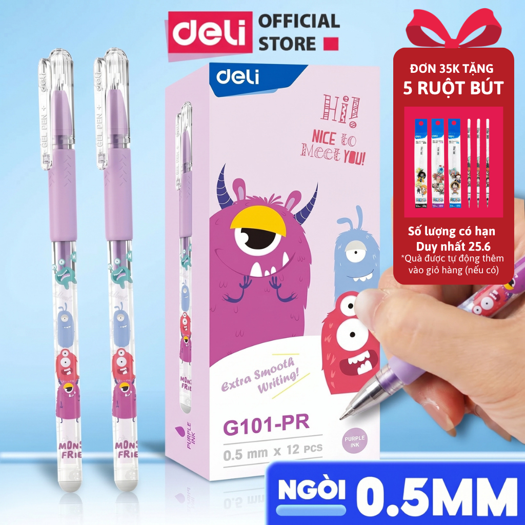 Combo 5 Bút Gel Superwings Deli Bút Bi Nước Học Sinh Mực Tím Xanh Đen Ngòi 0.5mm Có Đệm Tay Bé Tập Viết