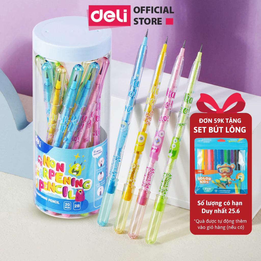[TRỢ GIÁ] Hộp 20 Bút Chì Khúc 2B Học Sinh Deli Chì Đậm Hình Dễ Thương - Bút Viết Chì Đốt Cho Bé Tập Viết