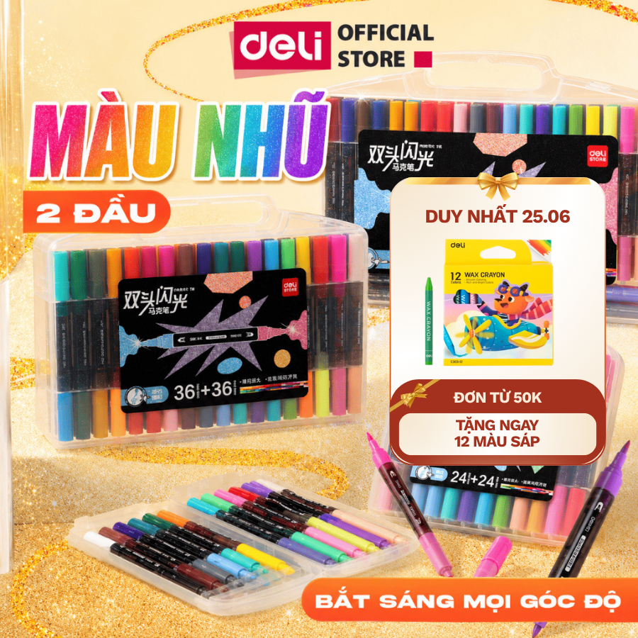 [VOUCHER 20% HÀNG MỚI VỀ] Màu Marker Nhũ Hai Đầu Thân Tròn Hộp PP Deli - Bộ 48 Bút 96 Màu Hộp Maker Nhũ Lấp Lánh VẽTranh