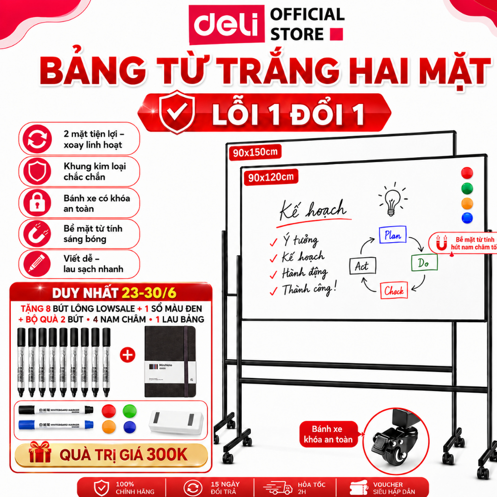 [GIẢM 200K] Bảng Từ Trắng Hai Mặt Deli, Bảng Viết Bút Lông Xóa Được Di Động Đa Năng Sử Dụng Văn Phòng, Trung Tâm