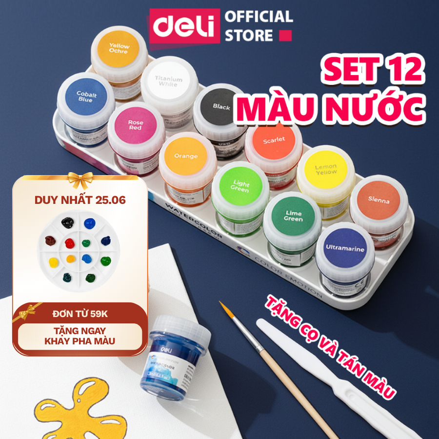 [TẶNG CỌ+TÁN] Set Màu Nước Dạng Hũ 15ml Chính Hãng Deli, Màu Nước Đẹp, Tô Màu Vẽ Tranh Custom Màu Tươi Sáng Đẹp Mắt