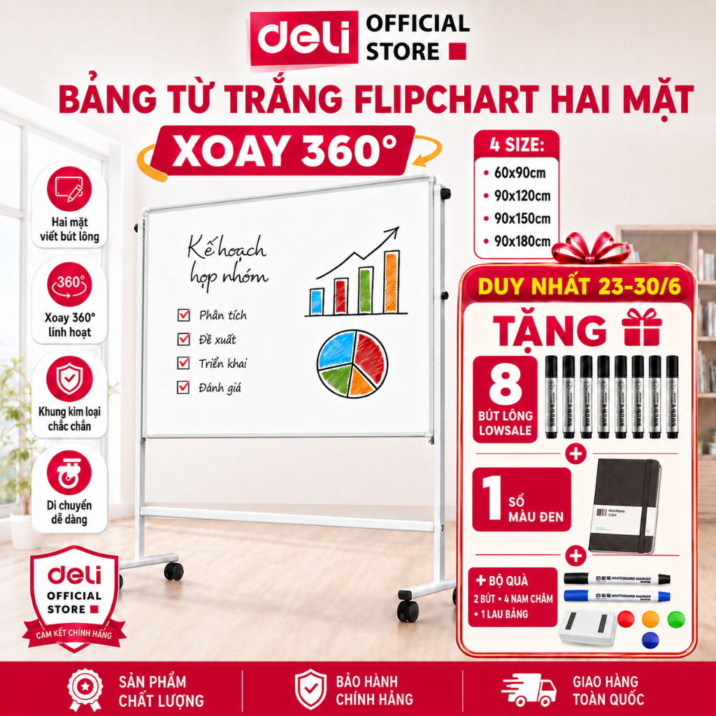 [TẶNG KÈM FULL PHỤ KIỆN] Bảng Từ Trắng FlipChart Hai Mặt Deli Viết Bút Lông Bảng Xoay 360 Độ Chân Di Động Kèm Dụng Cụ