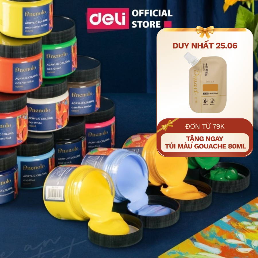 [TRẮNG 9K] Màu nước acrylic dạng hũ 100ml chuyên nghiệp Deli - dùng để vẽ custom trên vải, giày, tường full bảng màu