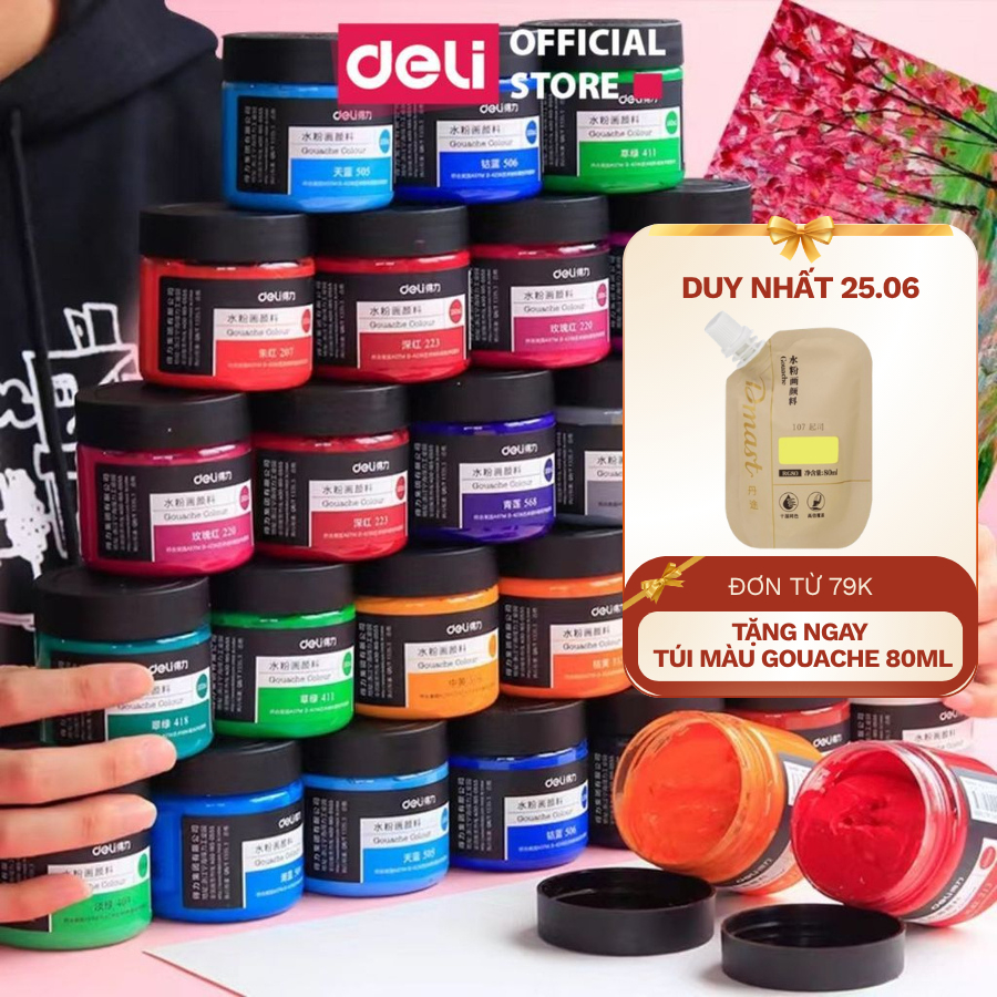 [TRẮNG 9K] Màu Nước Goat Gouache Deli Pha Sẵn Dạng Hũ 100ml Cao Cấp - Màu Đậm Đặc Mịn Dễ Hòa Trộn Vẽ Tranh