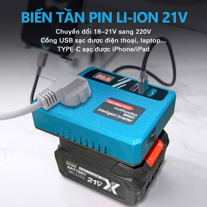 Đế chuyển đổi nguồn 18V-21V lên điện 220V sử dụng được quat. Chân phổ thông M21, Siêu Hot 2026