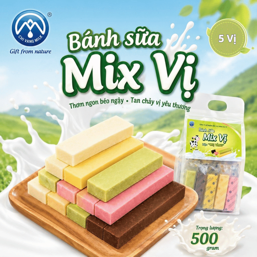 [25.06_GIẢM 20K] Bánh Sữa Ba Vì Mix 5 Vị Túi 500G, Đặc Sản Ba Vì Thơm Ngon Đậm Vị Sữa – hiệu CHỊ VÀNG BA VÌ