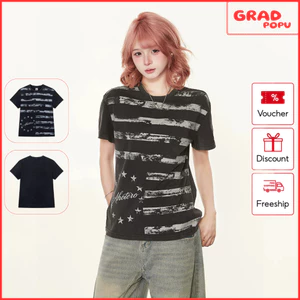 Áo thun unisex form rộng GRADPOPU in sọc ngang ngôi sao Wash màu phong cách Streetwear mới AN449