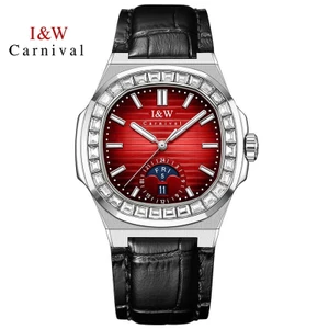 Đồng Hồ Nam Chính Hãng I&W Carnival 735G2-D8 Mặt Màu Đỏ Dây Da Full Box Chống Nước Kính Sapphire (M