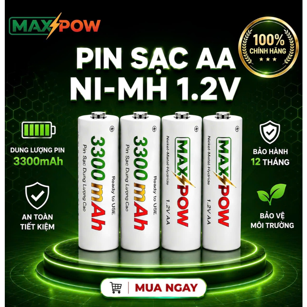 MAXPOW Pin Sạc Tái Sử Dụng AA 1.2V 3300mAh Ni-MH, Dung Lượng Cao, Sử Dụng Lặp Lại Nhiều Lần, Phù Hợp Cho Chuột.