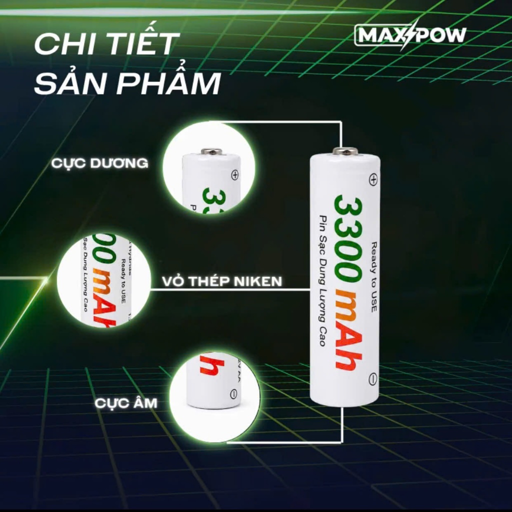 MAXPOW Pin Sạc Tái Sử Dụng AA 1.2V 3300mAh Ni-MH, Dung Lượng Cao, Sử Dụng Lặp Lại Nhiều Lần, Phù Hợp Cho Chuột.