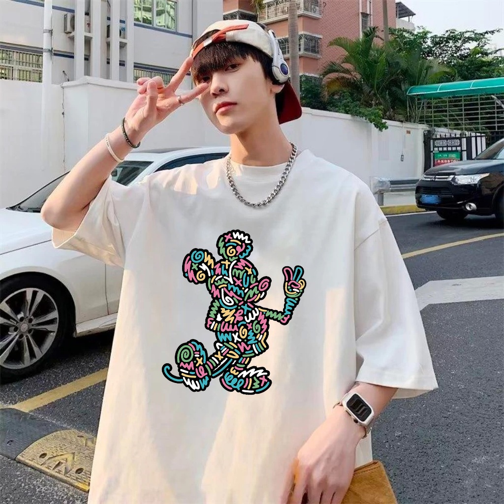 Áo thun in hình Mickey Mouse nghệ thuật Doodle trừu tượng Unisex Form Rộng Tay Lỡ Cao Cấp Co Giãn 2 Chiều