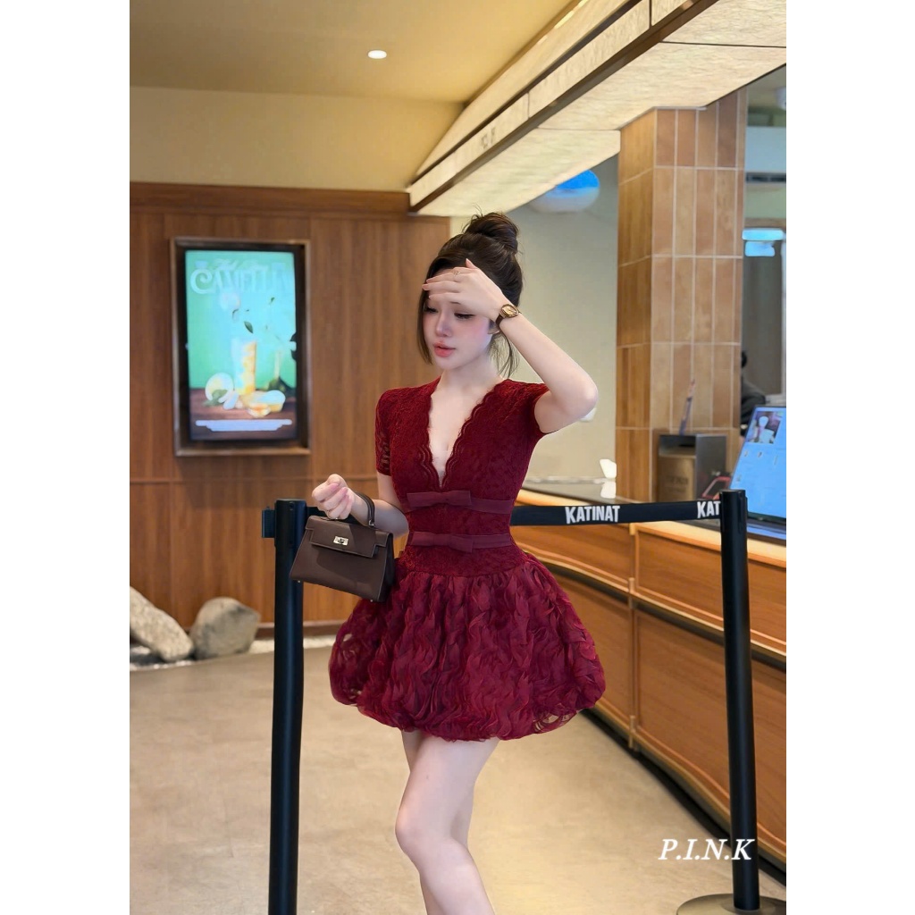 ĐẦM REN chân bí  bồng bềnh CỔ V sống FORM XOÈ phối nơ tiểu thư BYJOLIE