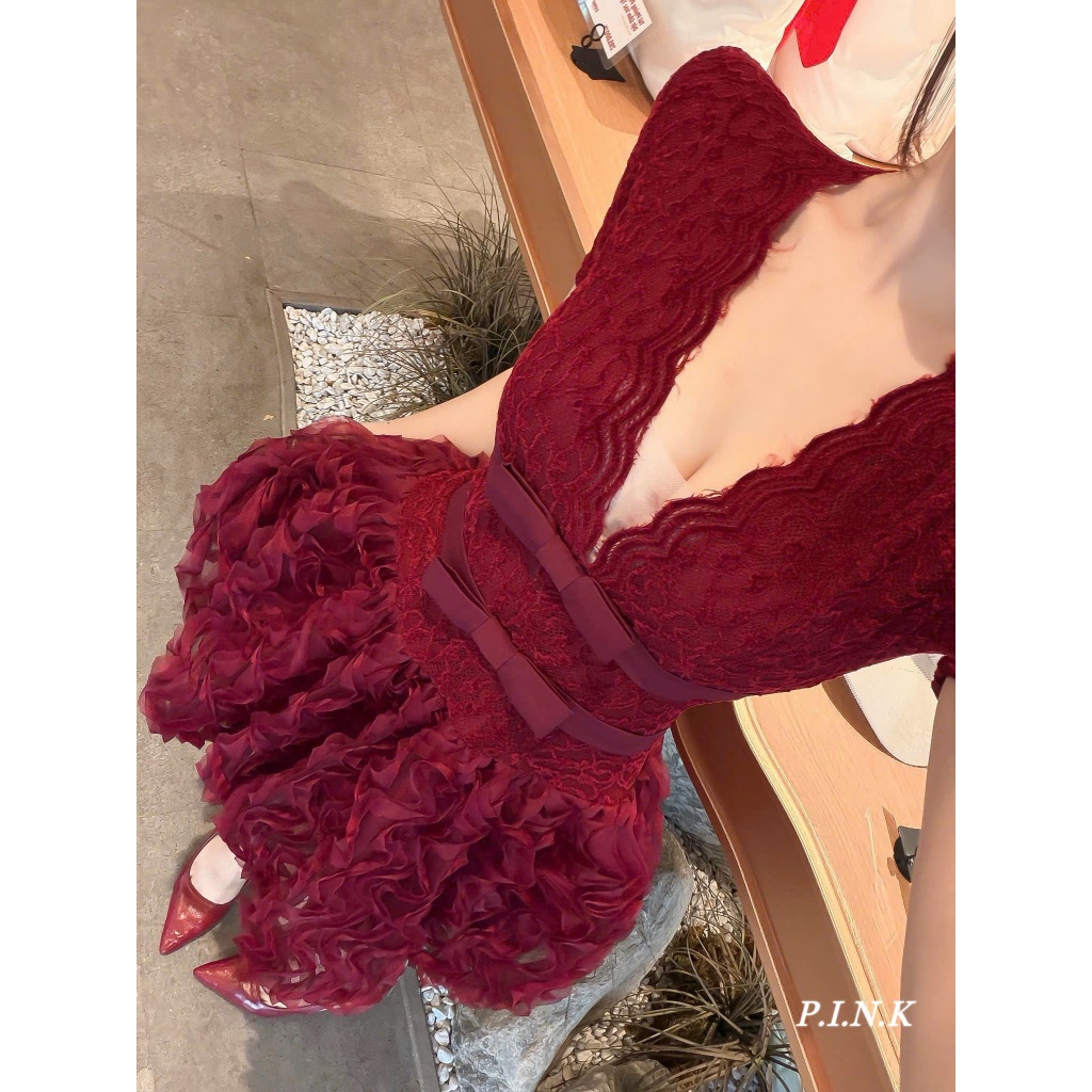 ĐẦM REN chân bí  bồng bềnh CỔ V sống FORM XOÈ phối nơ tiểu thư BYJOLIE
