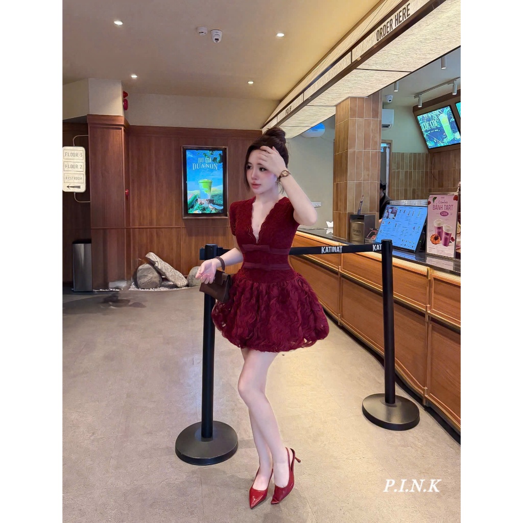 ĐẦM REN chân bí  bồng bềnh CỔ V sống FORM XOÈ phối nơ tiểu thư BYJOLIE