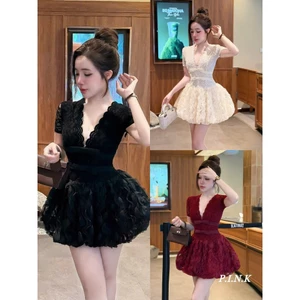 ĐẦM REN chân bí bồng bềnh CỔ V sống FORM XOÈ phối nơ tiểu thư BYJOLIE