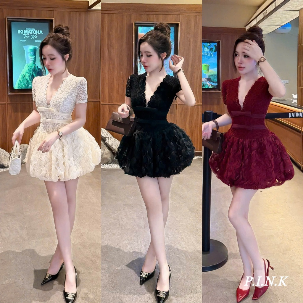 ĐẦM REN chân bí  bồng bềnh CỔ V sống FORM XOÈ phối nơ tiểu thư BYJOLIE