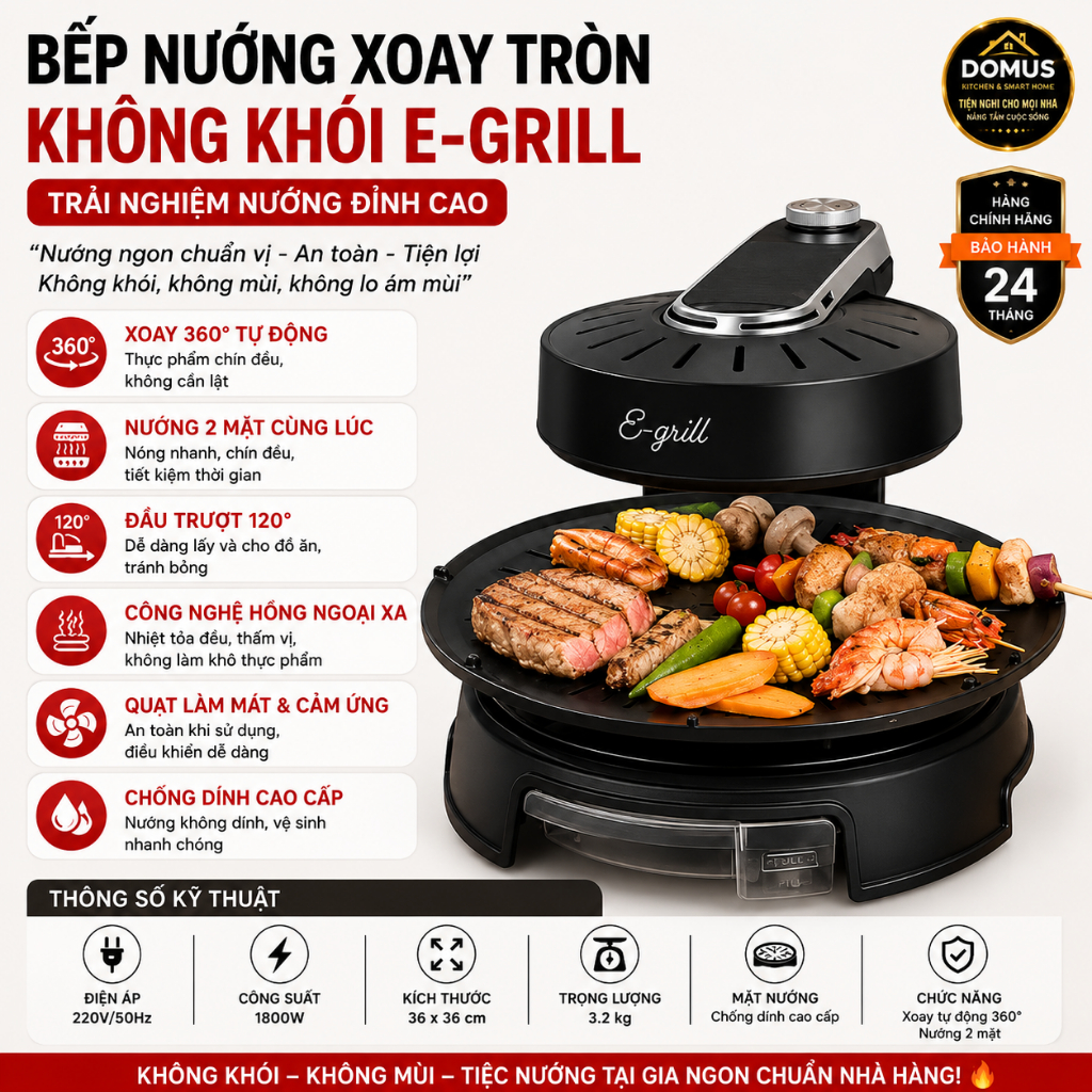 Bếp Nướng Điện E-Grill 1800W Xoay Tự Động 360 Độ, Không Mùi, Không Khói, Chống Dính, Thương Hiệu Đức