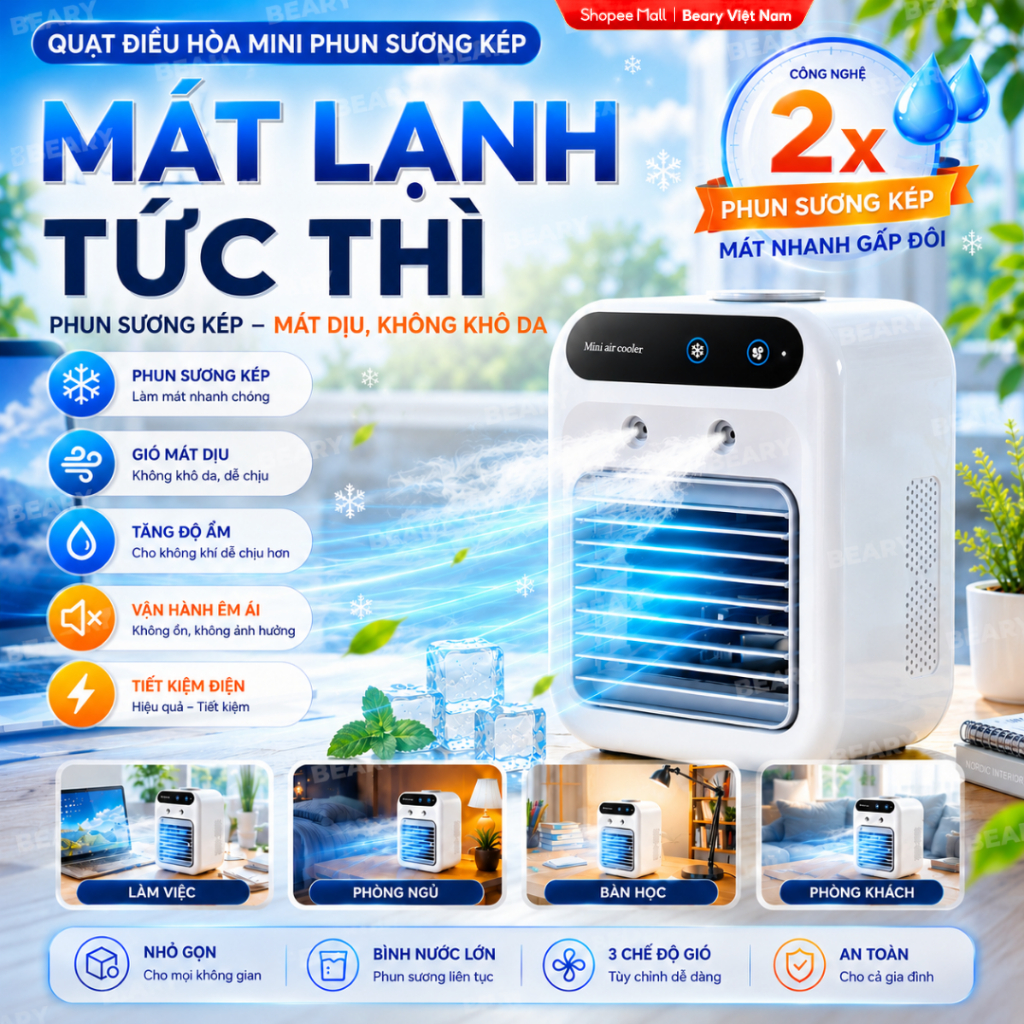 [TTT] Quạt Điều Hòa Phun Sương Mini Hơi Nước Dung tích 600ml Nhỏ gọn Combo Làm Mát Không Khí Điều Khiển - ảnh 6