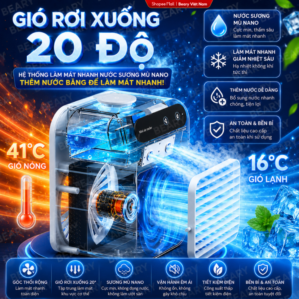 [TTT] Quạt Điều Hòa Phun Sương Mini Hơi Nước Dung tích 600ml Nhỏ gọn Combo Làm Mát Không Khí Điều Khiển - ảnh 3