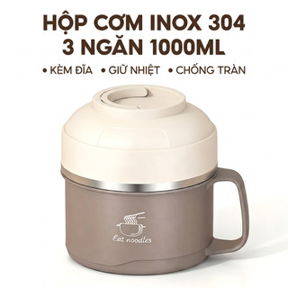 Hộp Cơm Giữ Nhiệt Inox 304 3 Ngăn 1000ml Kèm  Đĩa - Bình Đựng Cơm Có Tay Cầm Chống Tràn