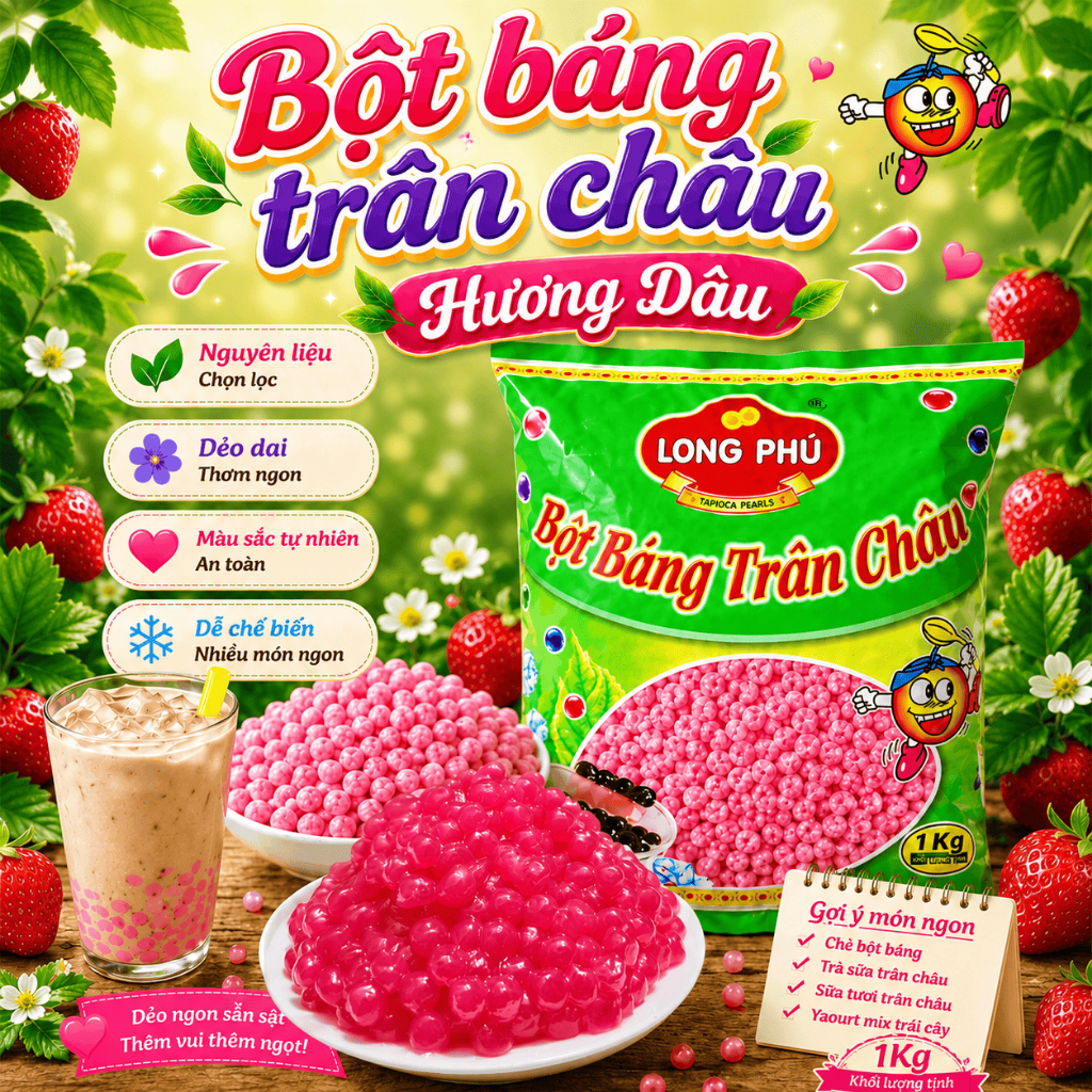 Bột Báng Trân Châu Hương Dâu Long Phú Gói 1KG - Topping Trà Sữa, Chè, Trà Trái Cây