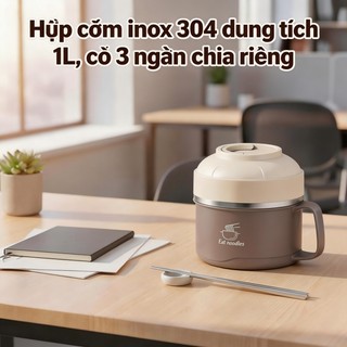 Hộp Cơm Giữ Nhiệt Inox 304 3 Ngăn 1000ml Kèm  Đĩa - Bình Đựng Cơm Có Tay Cầm Chống Tràn