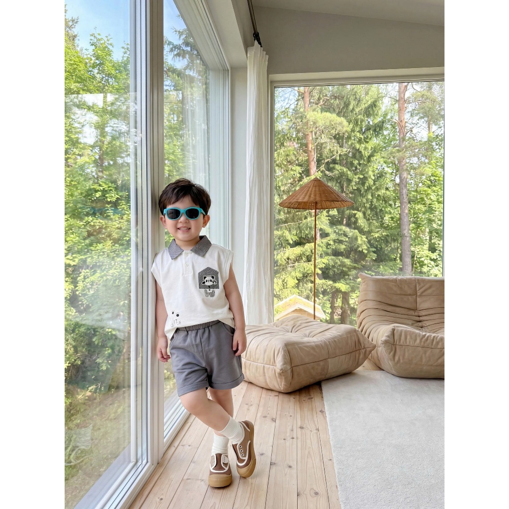 Set bộ polo cộc tay bé trai Miniumbaby in hình gấu trúc cute, chất vải cotton mềm thoáng mát SB2778