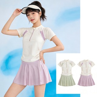 Bộ đồ bơi nữ mới Váy liền tay ngắn in họa tiết hè, polyester khóa kéo chống nắng, phong cách thể thao  thời trang, dành