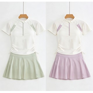 Bộ đồ bơi nữ mới Váy liền tay ngắn in họa tiết hè, polyester khóa kéo chống nắng, phong cách thể thao  thời trang, dành
