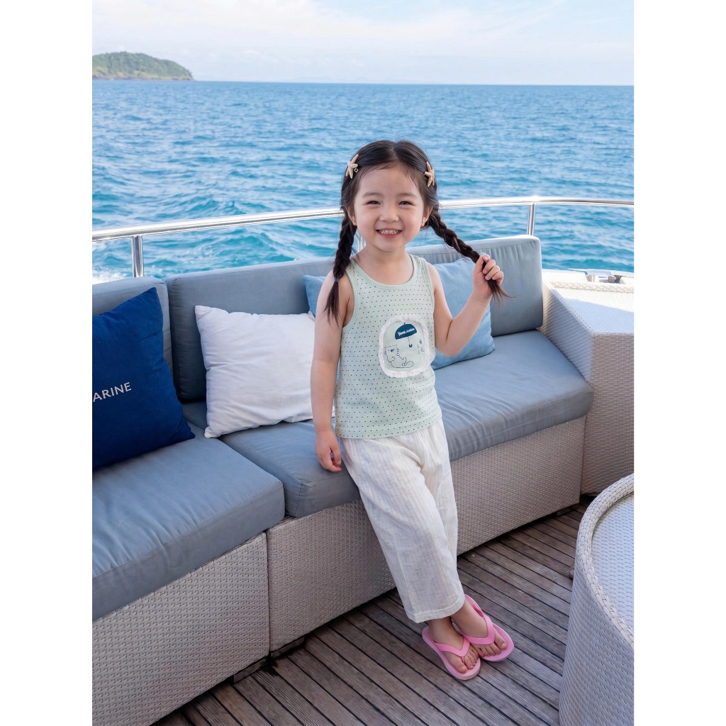 Set bộ sát nách bé gái Miniumbaby viền hình mèo mix quần suông lửng, chất áo cotton mềm mát SB2762