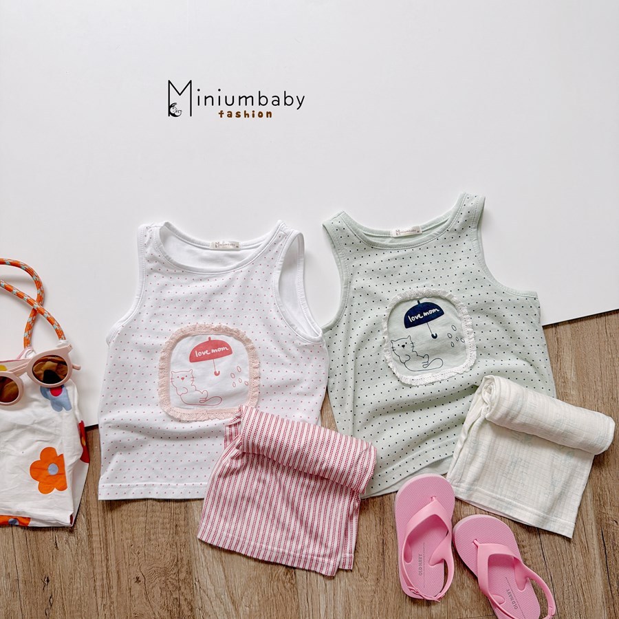Set bộ sát nách bé gái Miniumbaby viền hình mèo mix quần suông lửng, chất áo cotton mềm mát SB2762