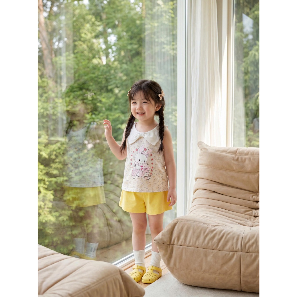 Set bộ sát nách bé gái Miniumbaby hình thỏ nơ điệu đà mix quần giả váy, chất cotton mềm mát SB2755