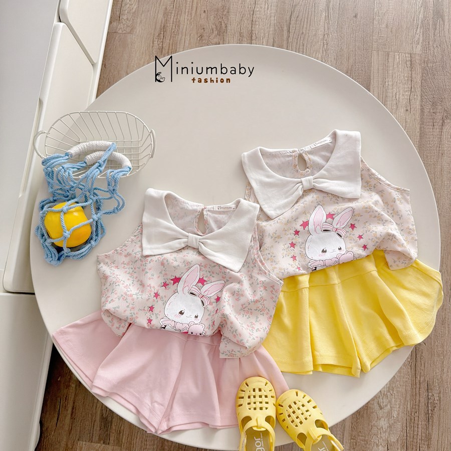 Set bộ sát nách bé gái Miniumbaby hình thỏ nơ điệu đà mix quần giả váy, chất cotton mềm mát SB2755