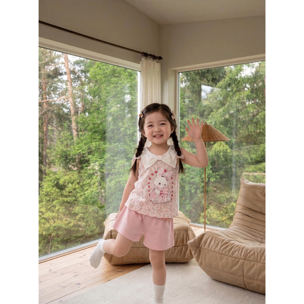 Set bộ sát nách bé gái Miniumbaby hình thỏ nơ điệu đà mix quần giả váy, chất cotton mềm mát SB2755
