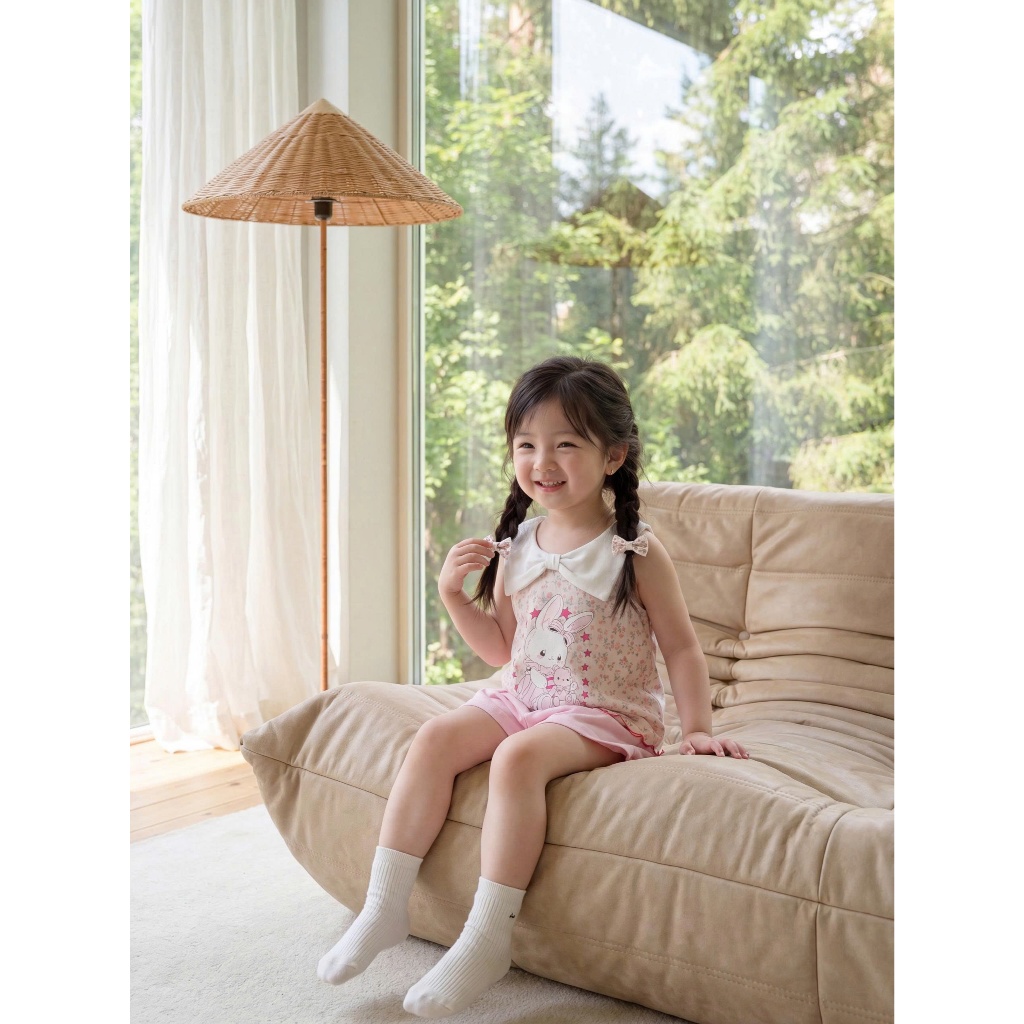 Set bộ sát nách bé gái Miniumbaby hình thỏ nơ điệu đà mix quần giả váy, chất cotton mềm mát SB2755