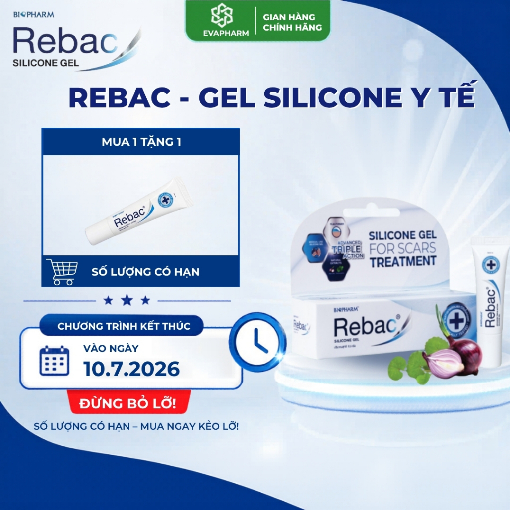Rebac Gel Silicone Y Tế Ngăn Ngừa Sẹo – Hỗ Trợ Làm Mờ Sẹo Lồi, Sẹo Thâm, Sẹo Sau Phẫu Thuật (Tuýp 15g)