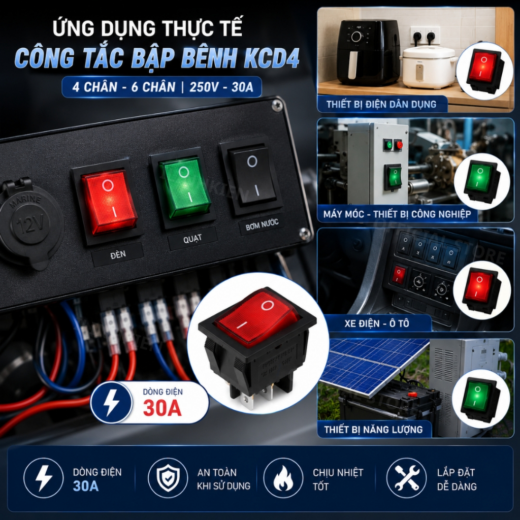 Công tắc bập bênh KCD4-201N 30A 250V 31x25mm 2 chế độ chất lượng tốt ILinhkien